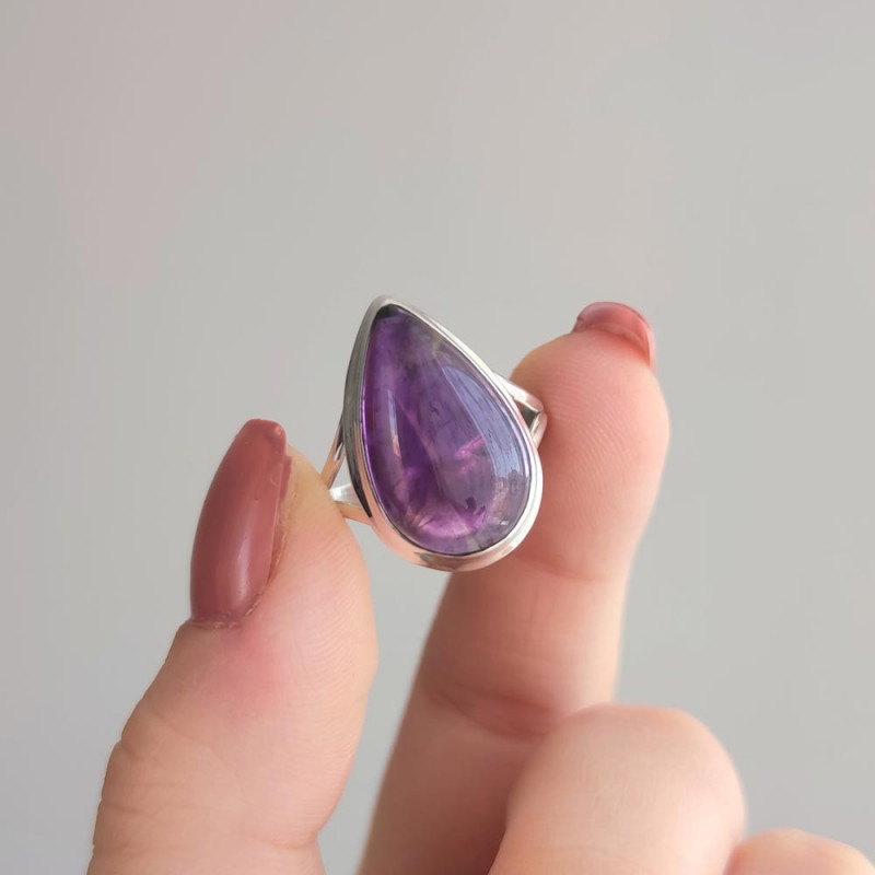 925 Silver Natural Amethyst Stone Ring - Drop Shape