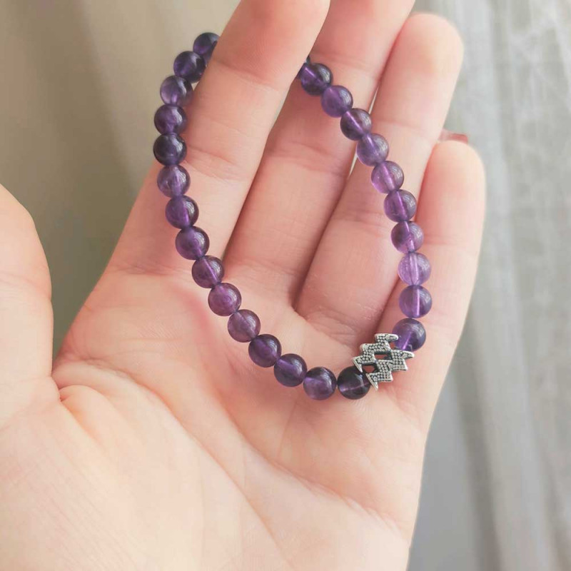 6mm Natural Amethyst Bracelet - Zodiac Sign can be added to the bracelet