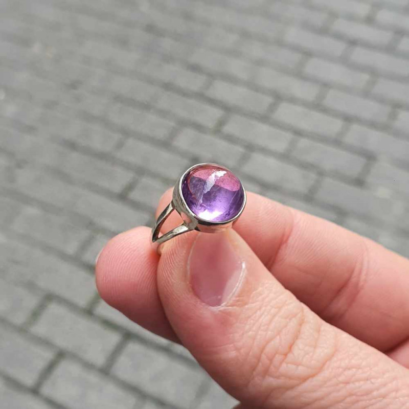 925 Silver Natural Amethyst Stone Ring - Circule Shape