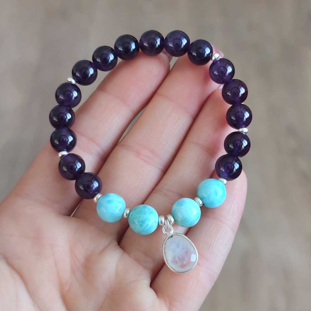 Multi Stone Bracelet , 8mm Amethyst , Larimar & moonstone Bracelet