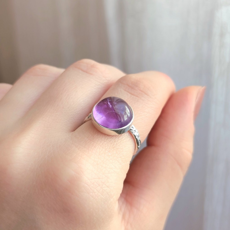 925 Silver Natural Amethyst Stone Ring - Circule Shape