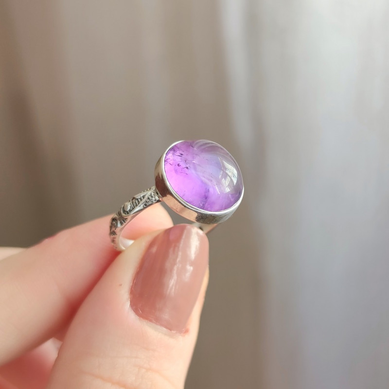 925 Silver Natural Amethyst Stone Ring - Circule Shape