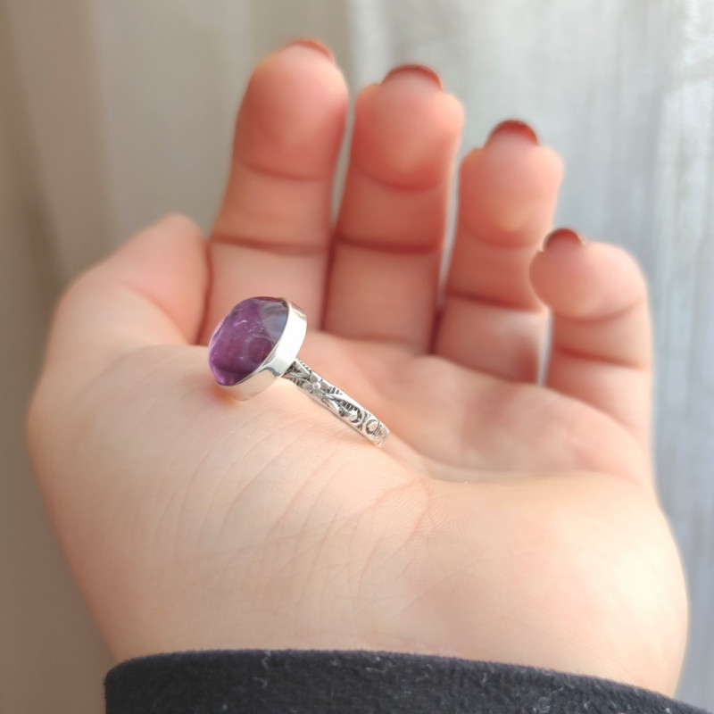 925 Silver Natural Amethyst Stone Ring - Circule Shape