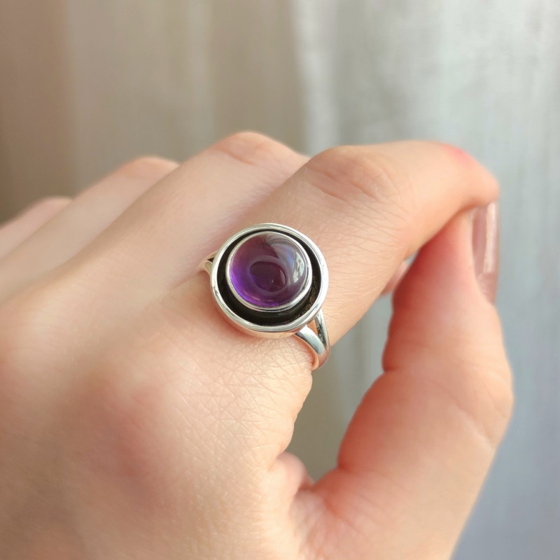 925 Silver Natural Amethyst Stone Ring - Circule Shape