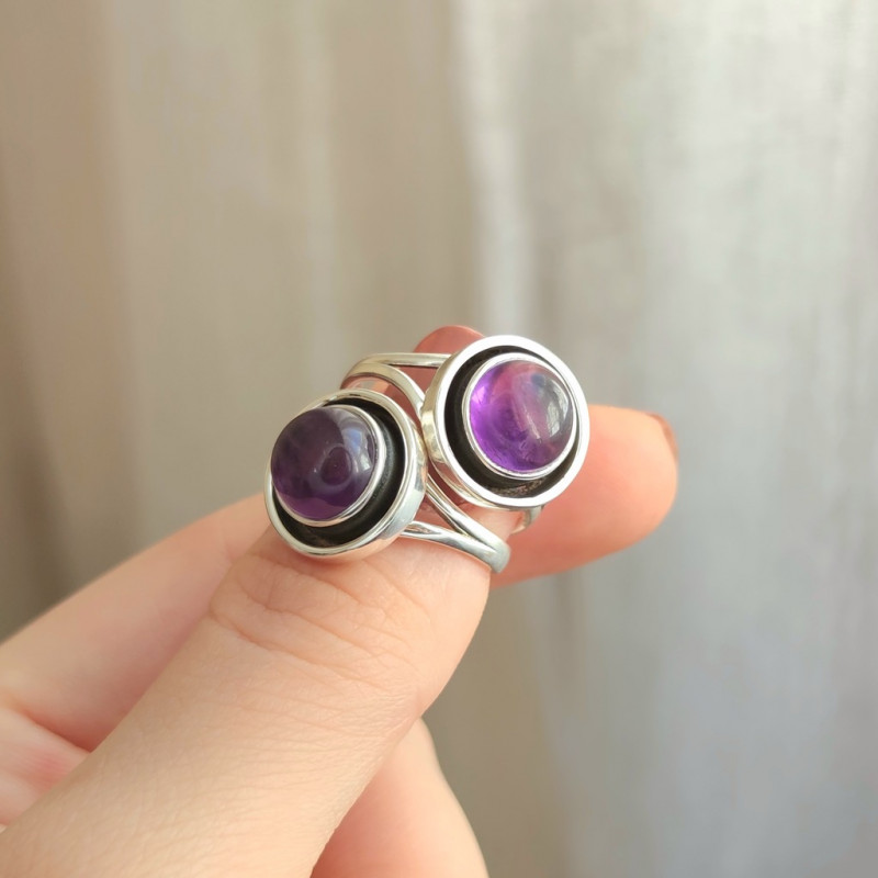 925 Silver Natural Amethyst Stone Ring - Circule Shape