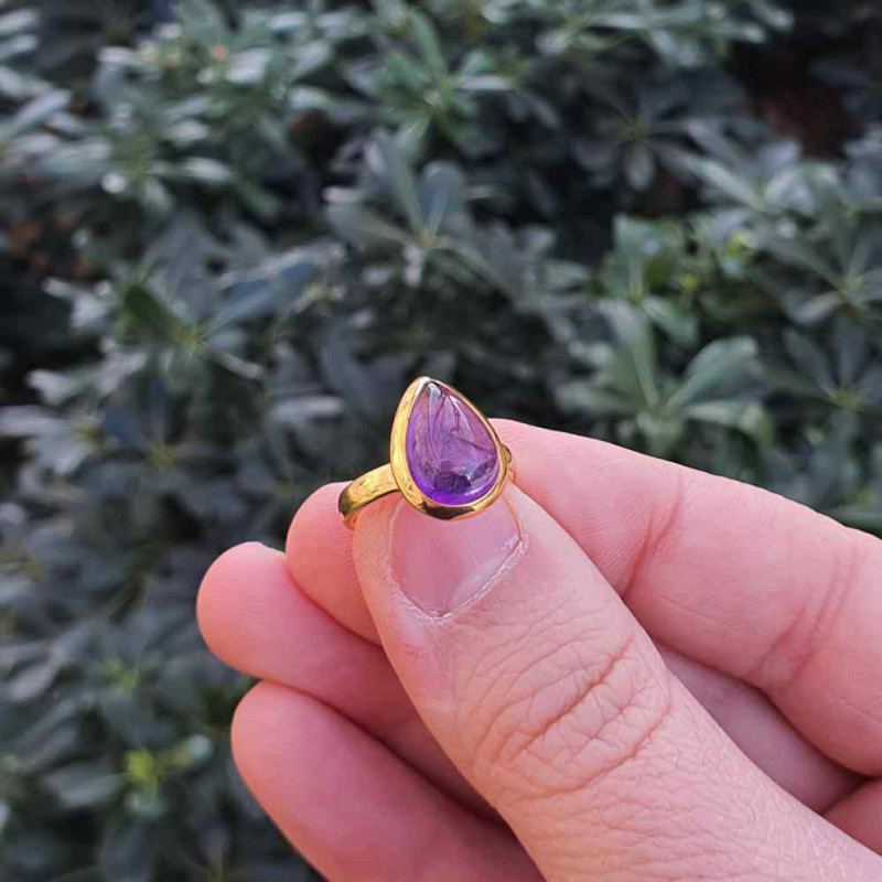 925 Silver Natural Amethyst Stone Ring - Drop Shape