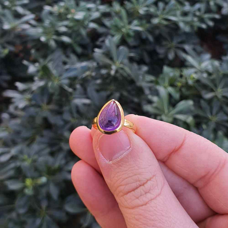 925 Silver Natural Amethyst Stone Ring - Drop Shape