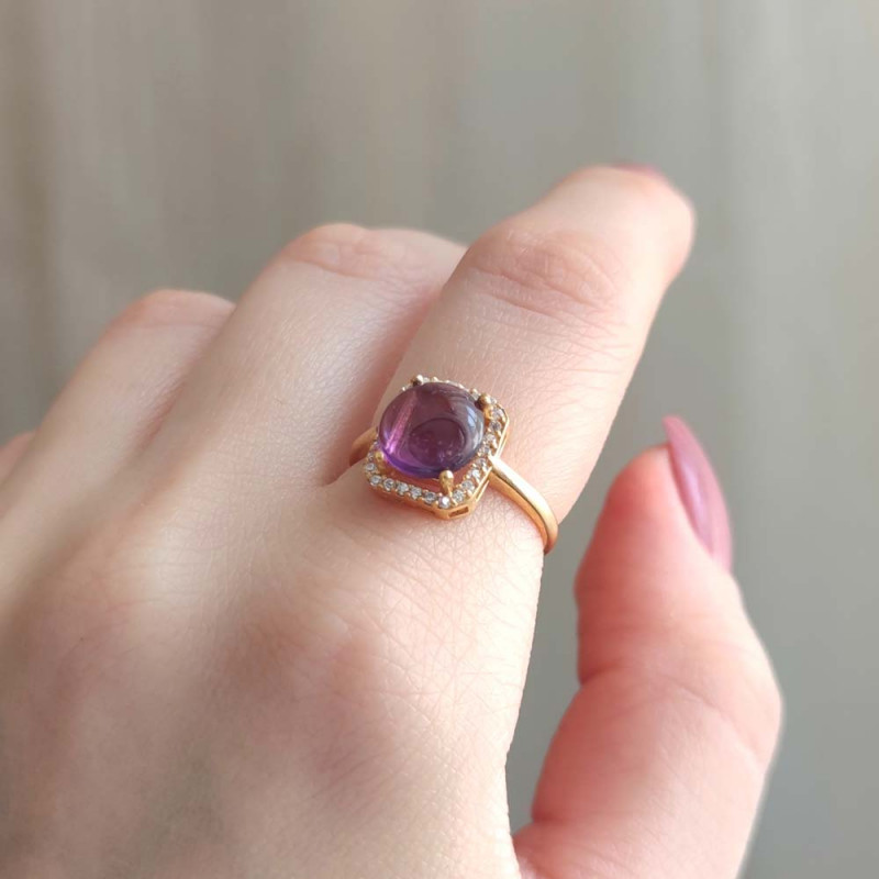 925 Silver Natural Amethyst Stone Ring - Zircon Around