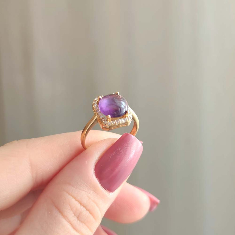 925 Silver Natural Amethyst Stone Ring - Zircon Around