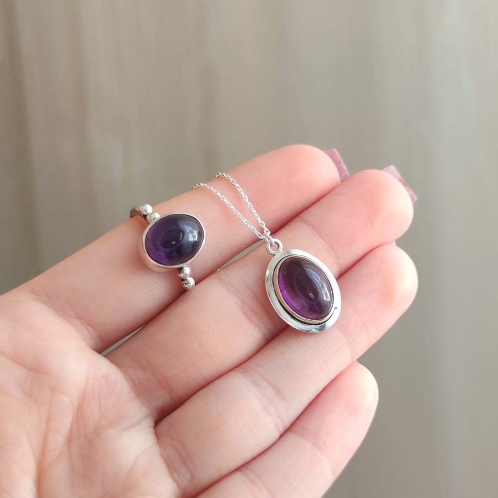 925 Silver Natural Amethyst Set ( Neklcace + Ring )