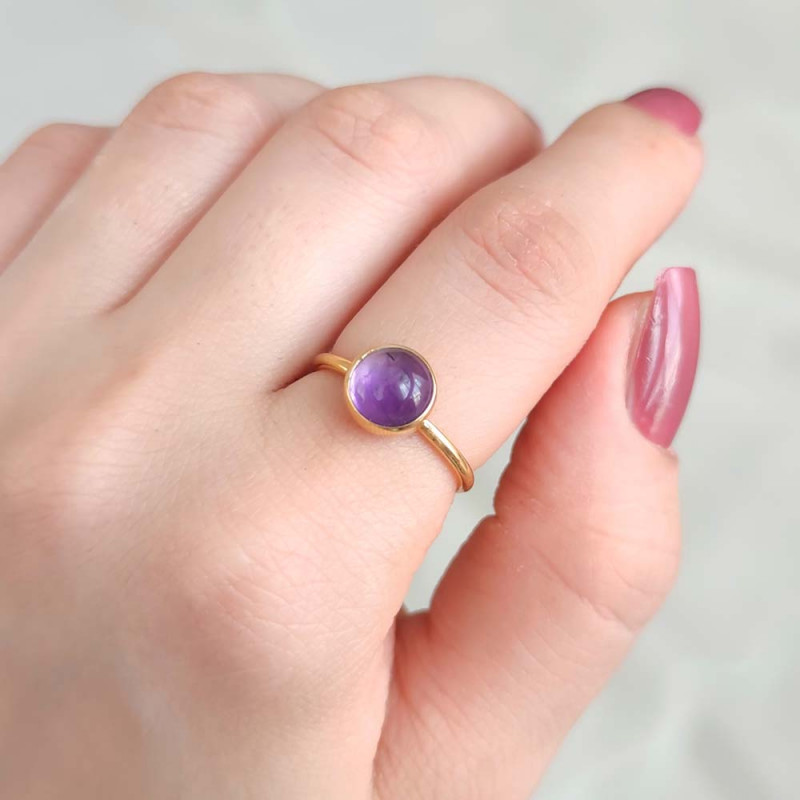 925 Silver Natural Amethyst Stone Ring - Circule Shape