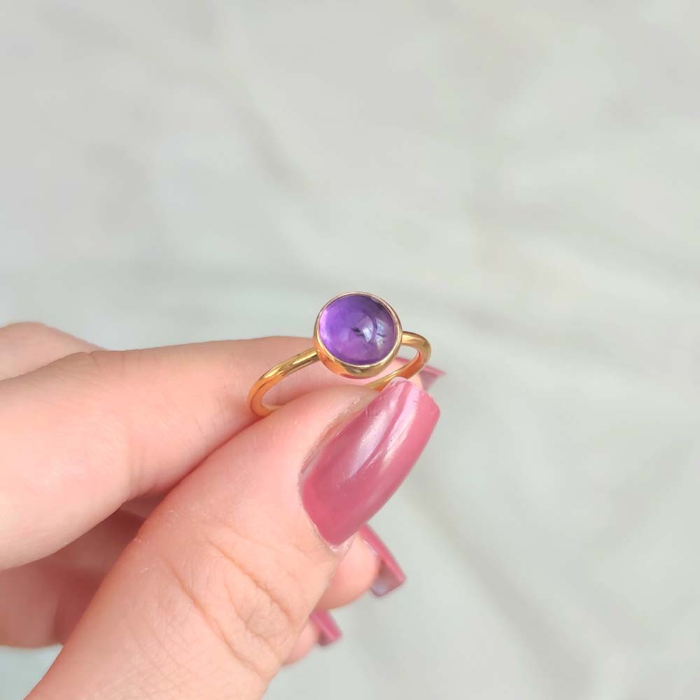 925 Silver Natural Amethyst Stone Ring - Circule Shape