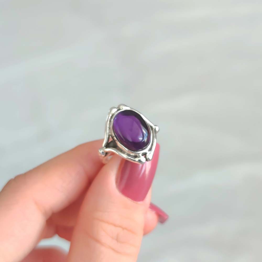 925 Silver Natural Amethyst Stone Ring - Drop Shape