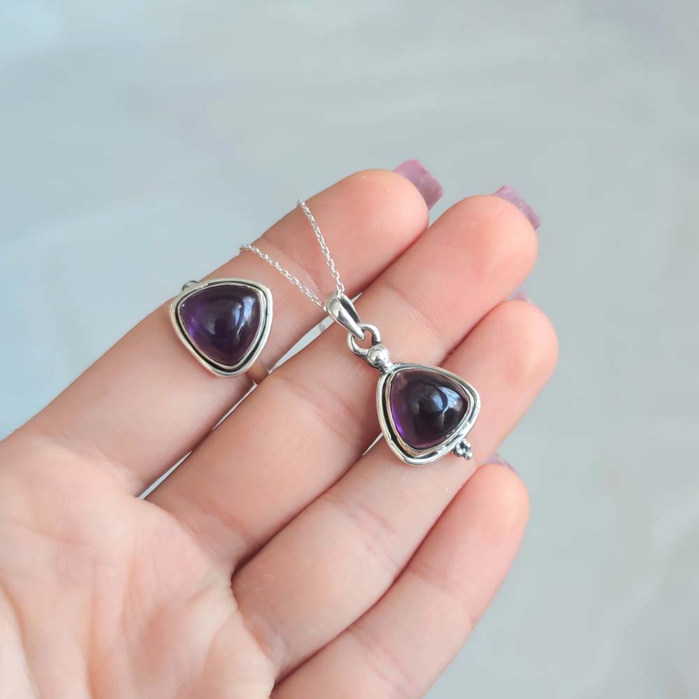 925 Silver Natural Amethyst Set ( Neklcace + Ring )