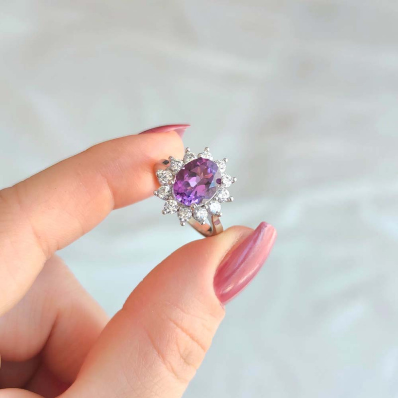 925 Silver Natural Amethyst Stone Ring - Zircon Around - No: 9000