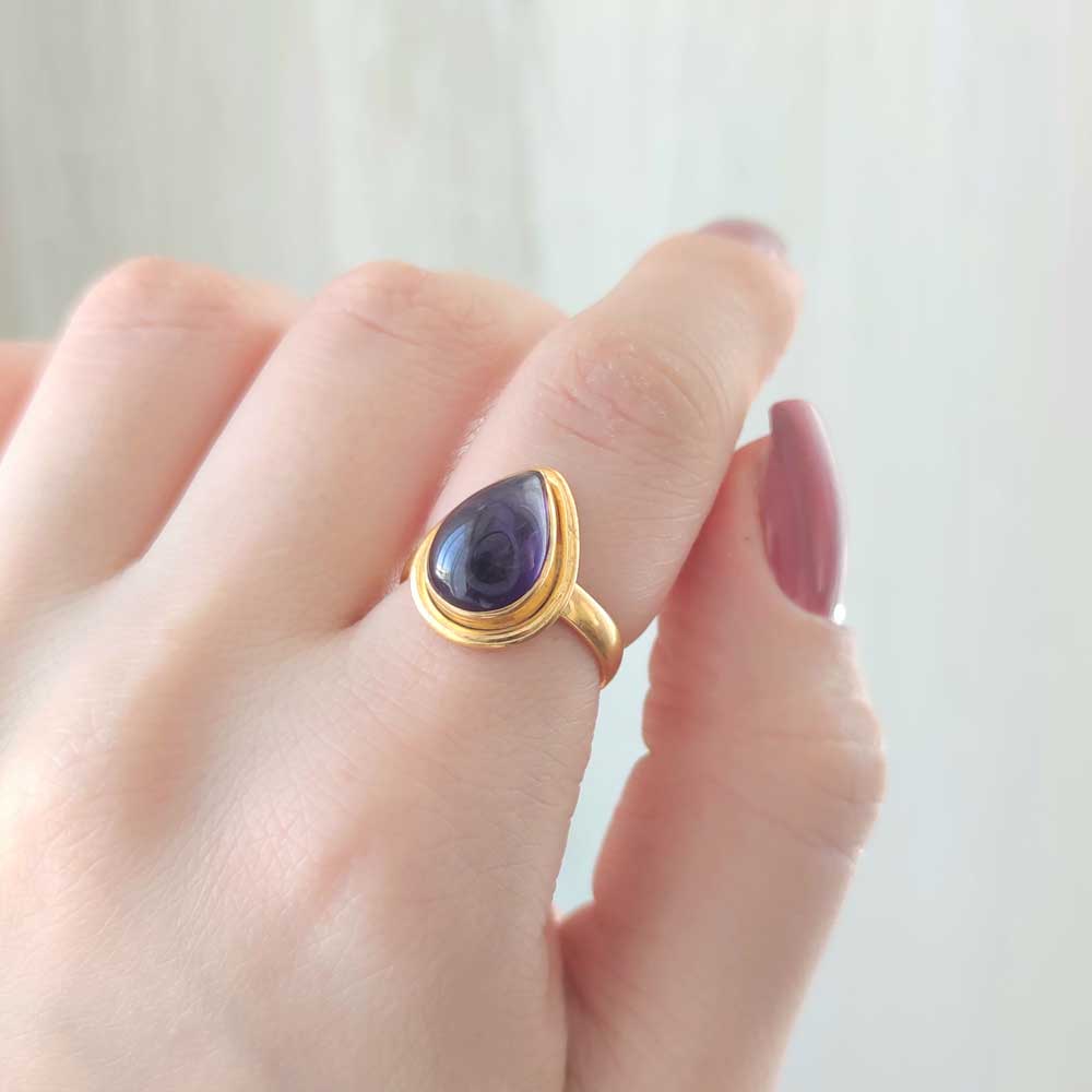 925 Silver Natural Amethyst Stone Ring - Drop Shape