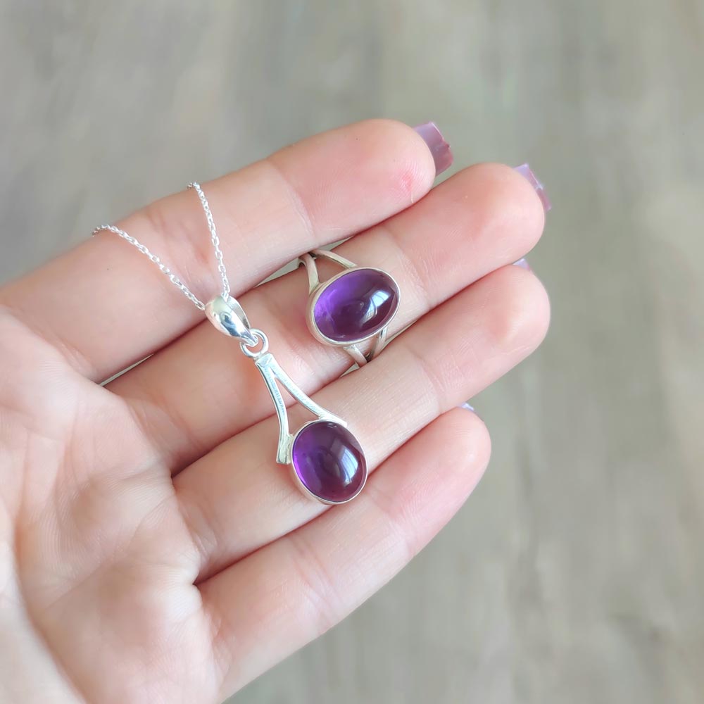 925 Silver Natural Amethyst Set ( Neklcace + Ring )