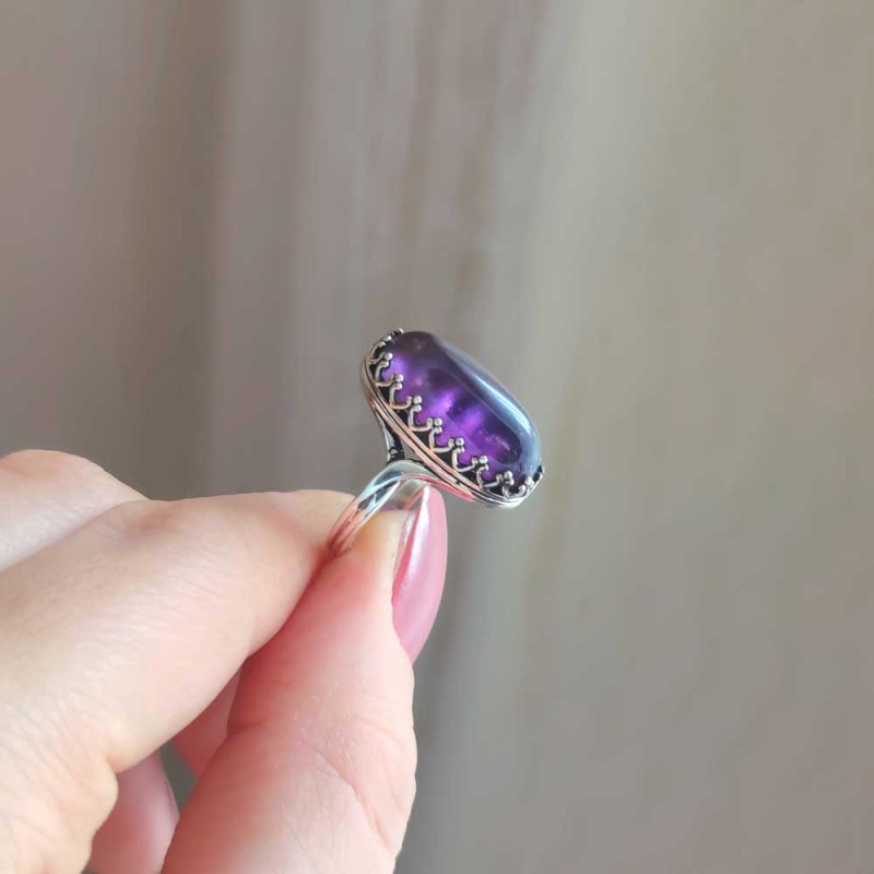 925 Silver Natural Amethyst Stone Ring - No : 3500