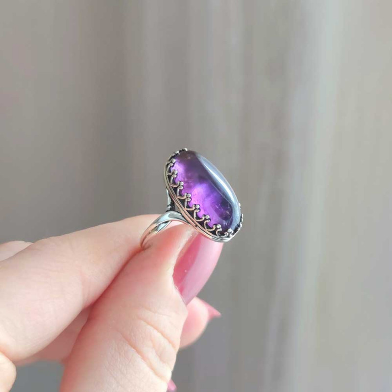 925 Silver Natural Amethyst Stone Ring - No : 3500