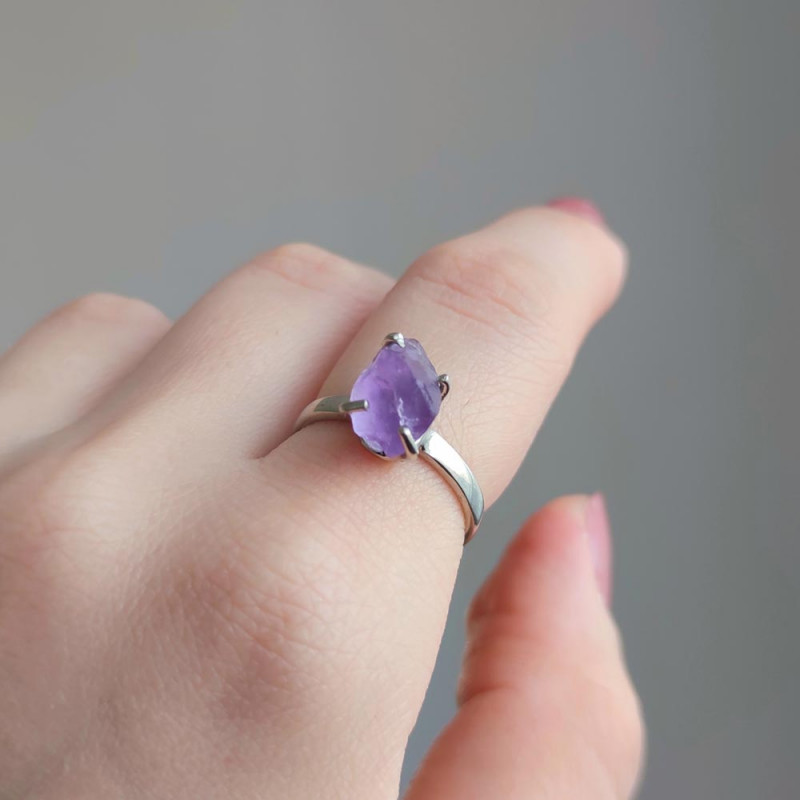 925 Silver Natural Amethyst Stone Ring - Ring - Raw Shape