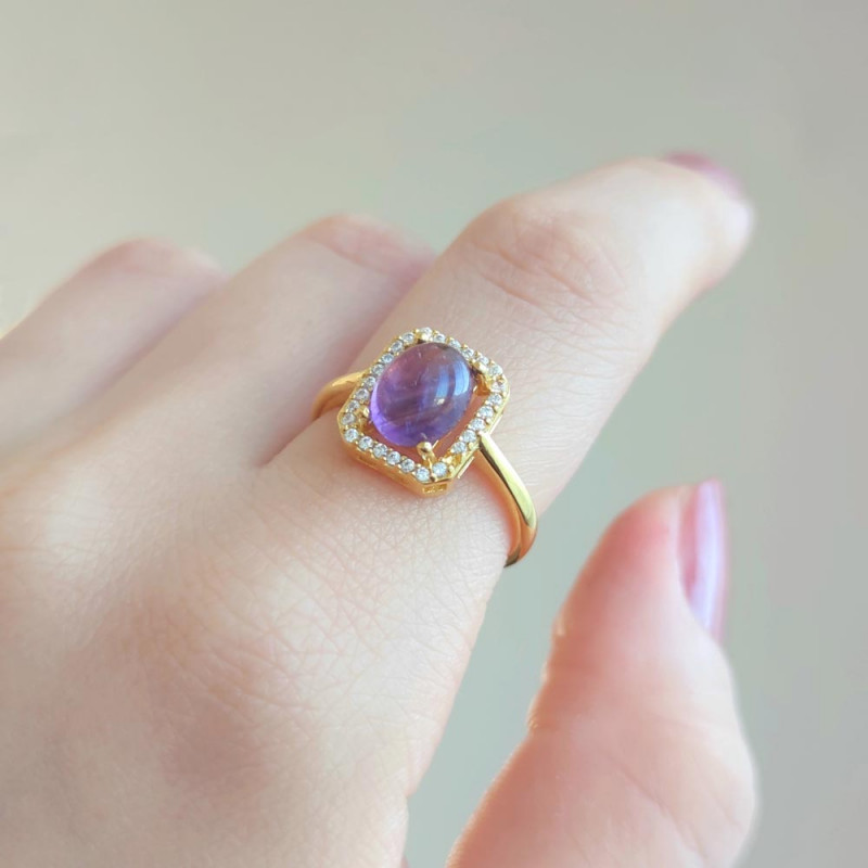 925 Silver Natural Amethyst Stone Ring - Zircon Around