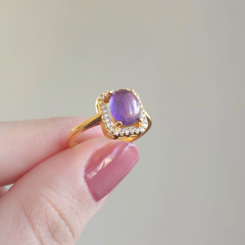 925 Silver Natural Amethyst Stone Ring - Zircon Around