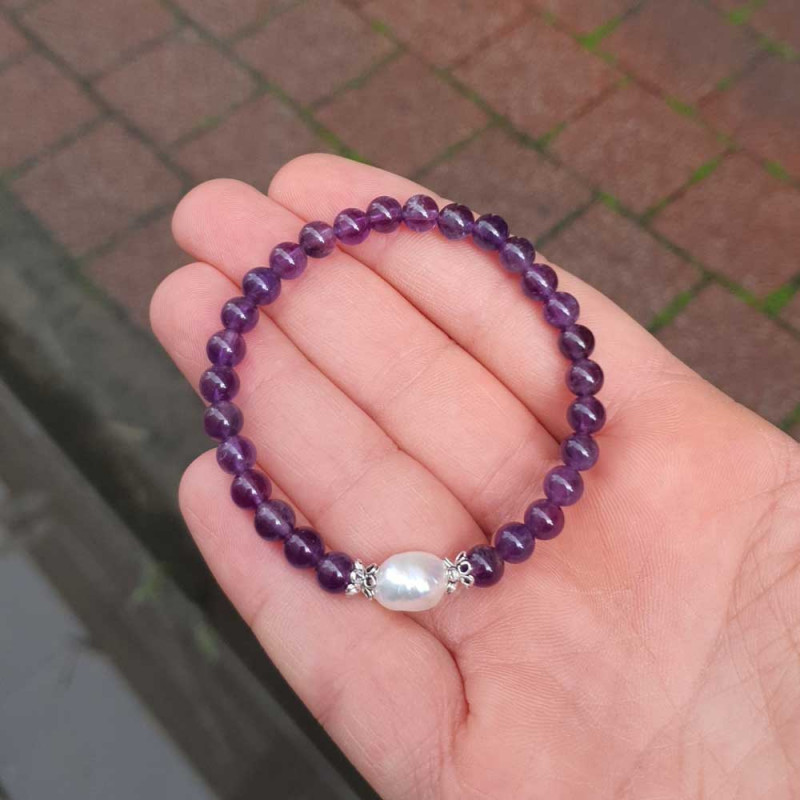 Natural Gemstone + Pearl Bracelet , 6 mm Natural Amethyst Bracelet With Pearl - No : BR0100