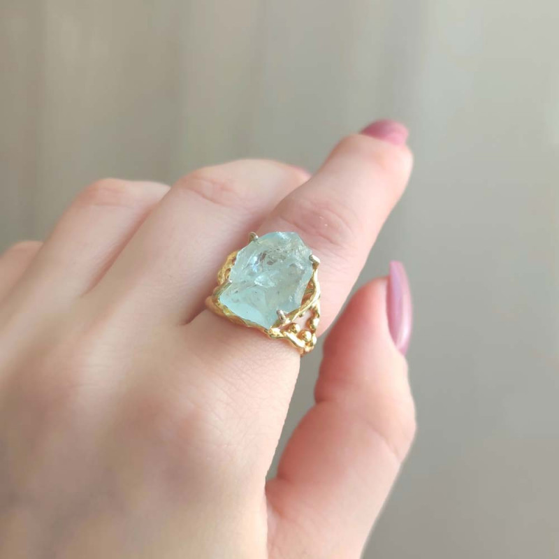 925 Silver Natural Aquamarine Stone Ring - Raw Shape