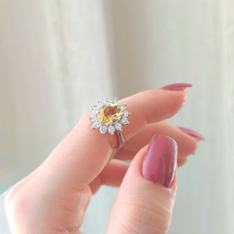 925 Sterling Silver Citrine Stone Ring - Zircon Around - No : 9000