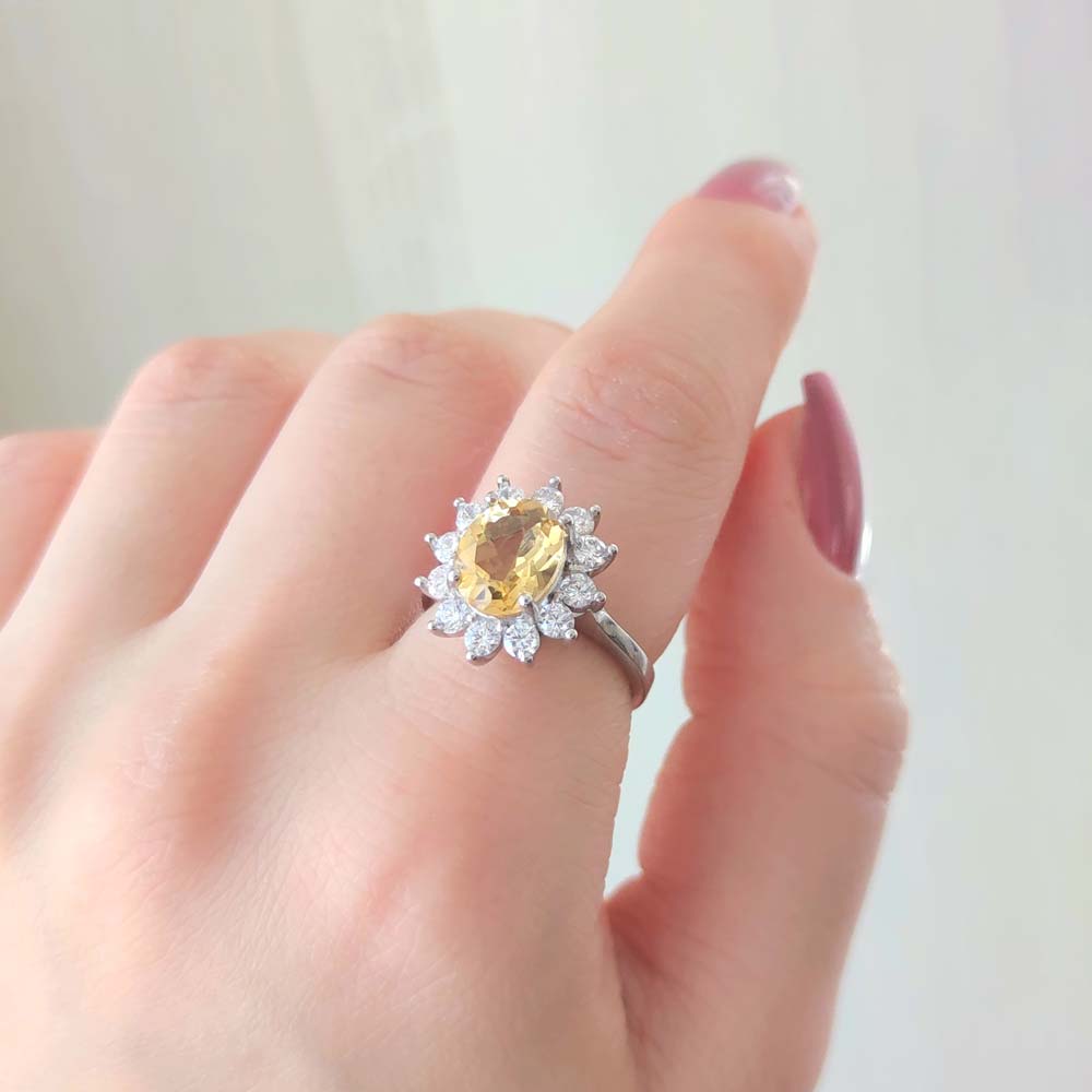 925 Sterling Silver Citrine Stone Ring - Zircon Around - No : 9000