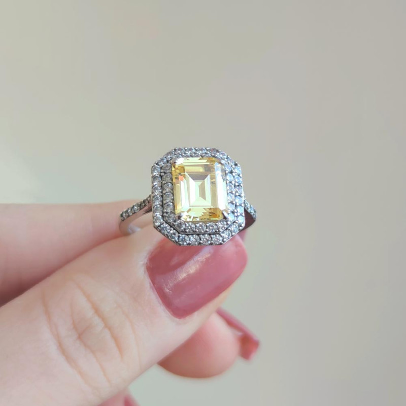 925 Sterling Silver Citrine Stone Ring - Zircon Around