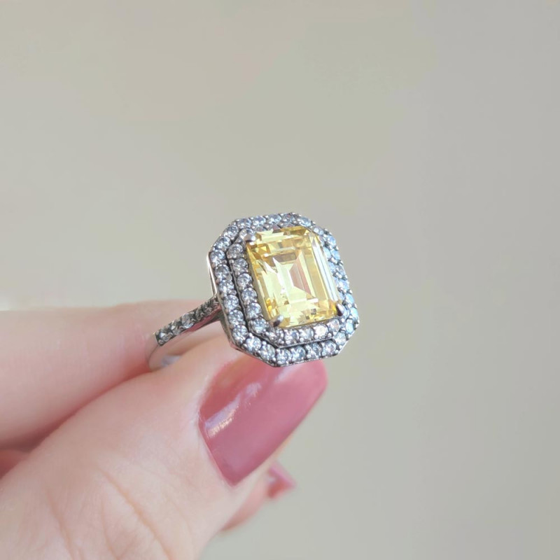 925 Sterling Silver Citrine Stone Ring - Zircon Around