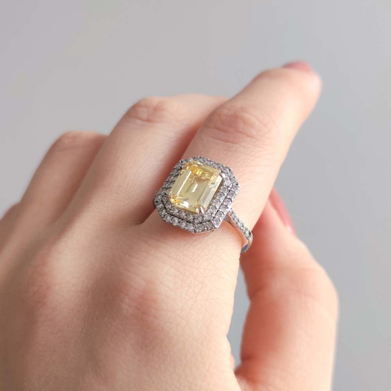 925 Sterling Silver Citrine Stone Ring - Zircon Around