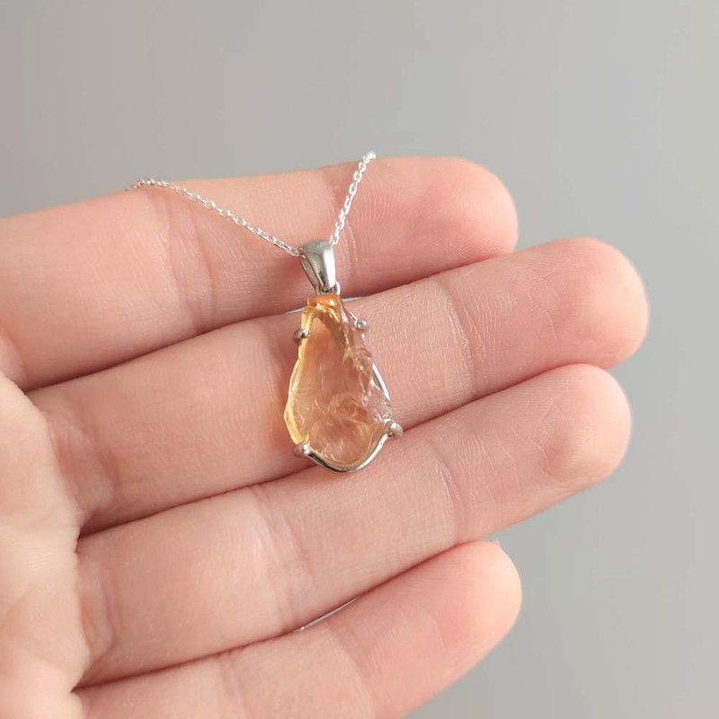 925 Sterling Silver Citrine Stone Pendant - Raw Shape