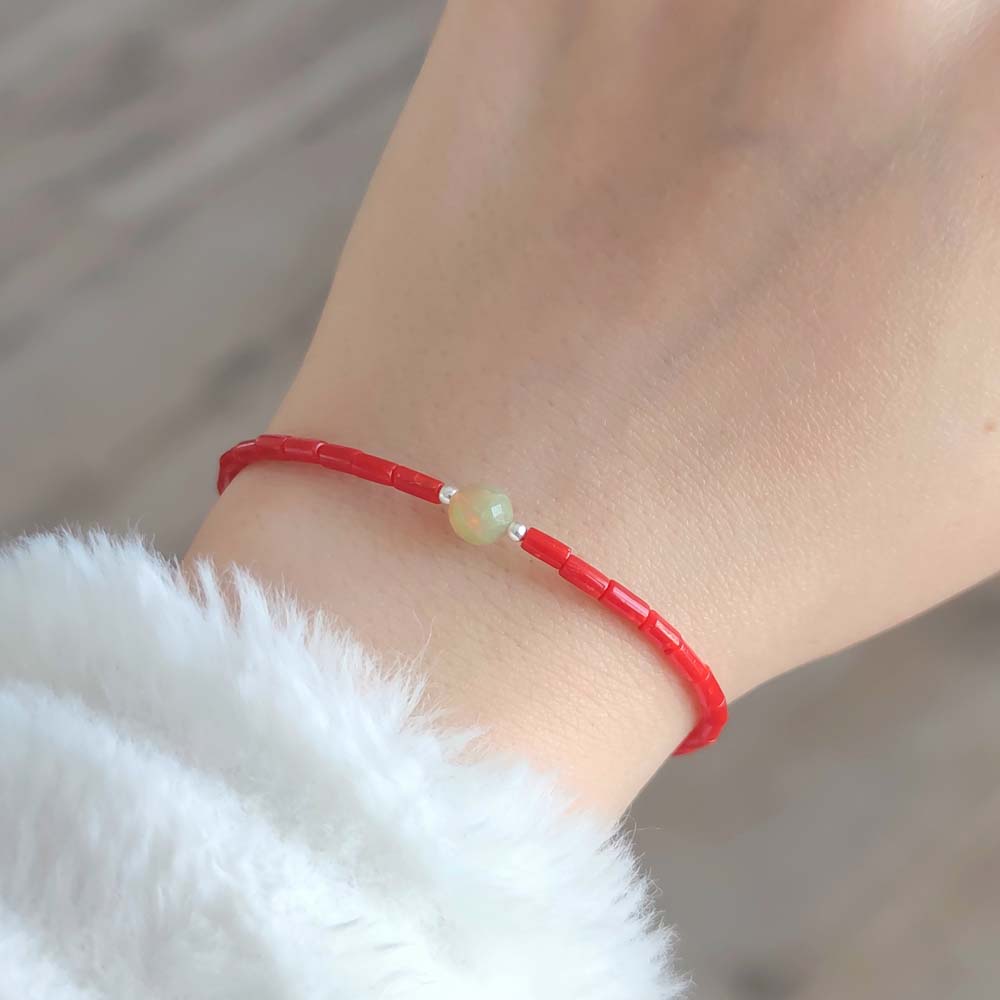 925 Silver Natural Red Coral Stone & Opal stone Bracelet