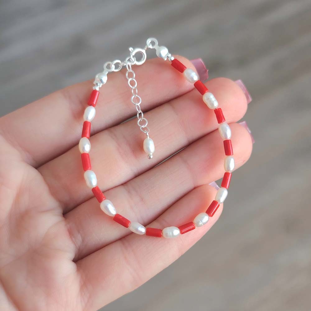 925 Silver Natural Red Coral Stone & White Pearl Bracelet