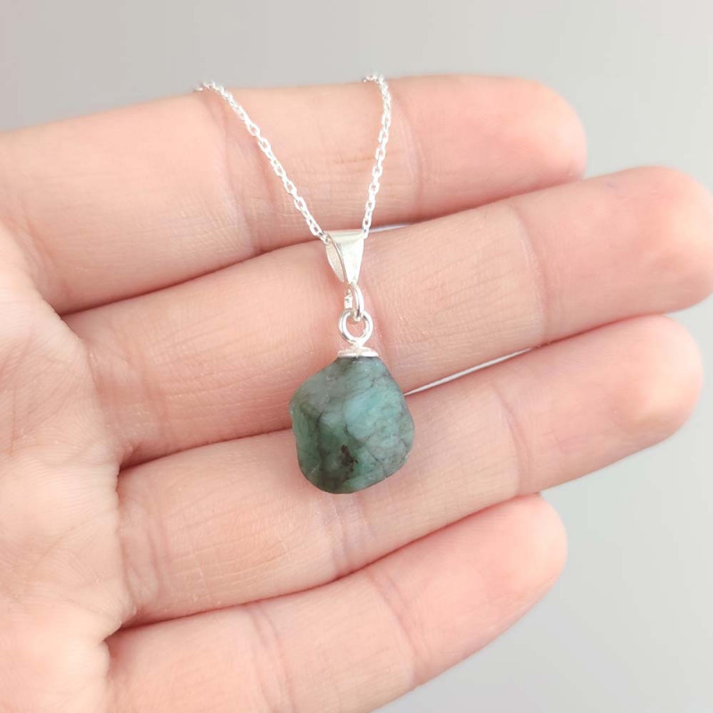 925 Sterling Silver Tiny Emerald Stone Pendant - Raw Shape