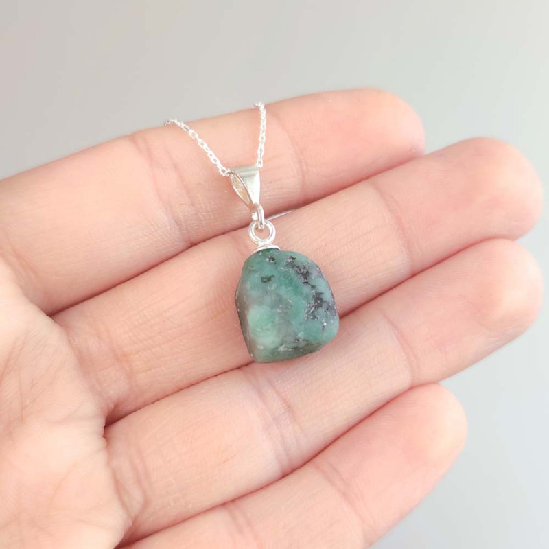 925 Sterling Silver Tiny Emerald Stone Pendant - Raw Shape