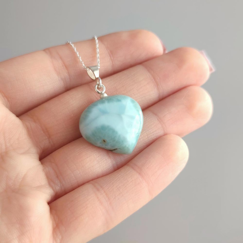 925 Silver Natural Larimar Stone Pendant - Heart Shape