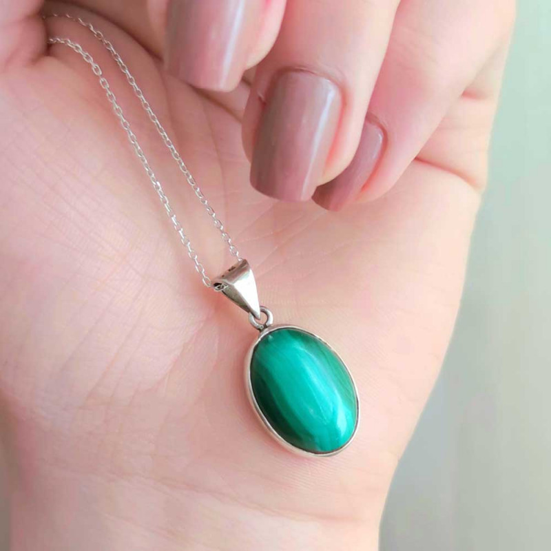 925 Silver Malachite Stone Pendant - Oval Shape