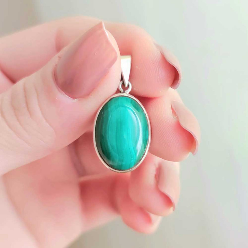 925 Silver Malachite Stone Pendant - Oval Shape