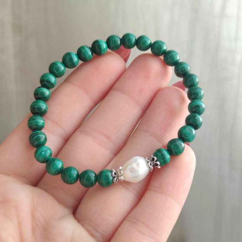 Natural Gemstone + Pearl Bracelet , Natural Malachite Stone Bracelet With Pearl - No : BR0100