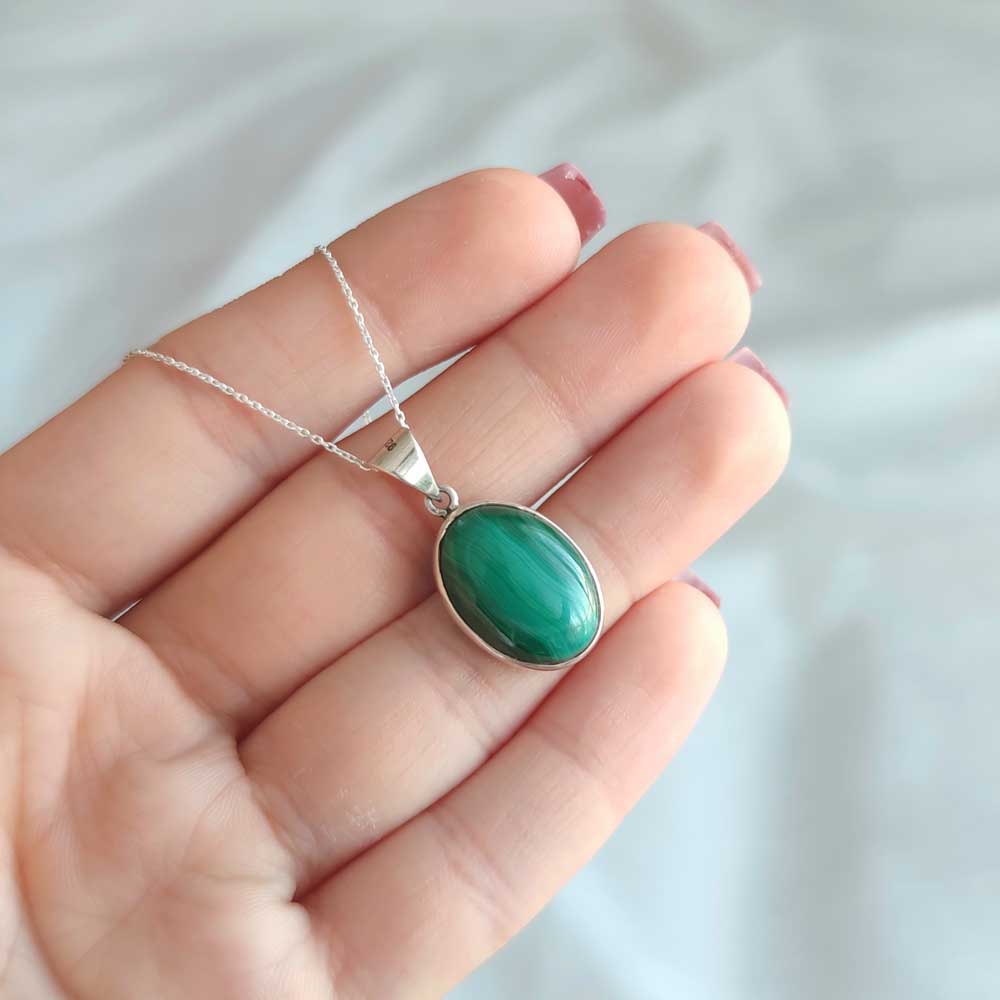 925 Silver Malachite Stone Pendant - Oval Shape