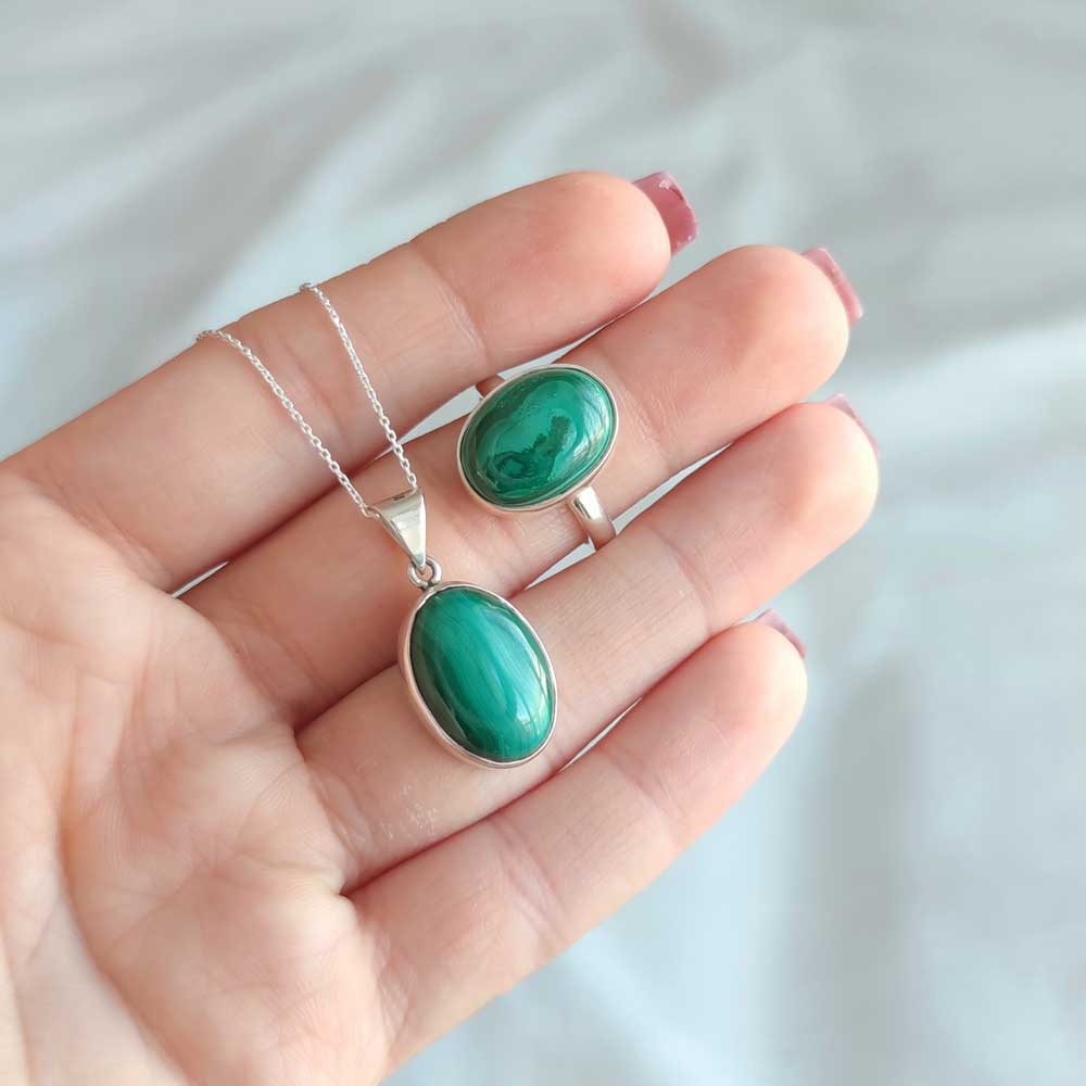 925 Silver Malachite Stone Set