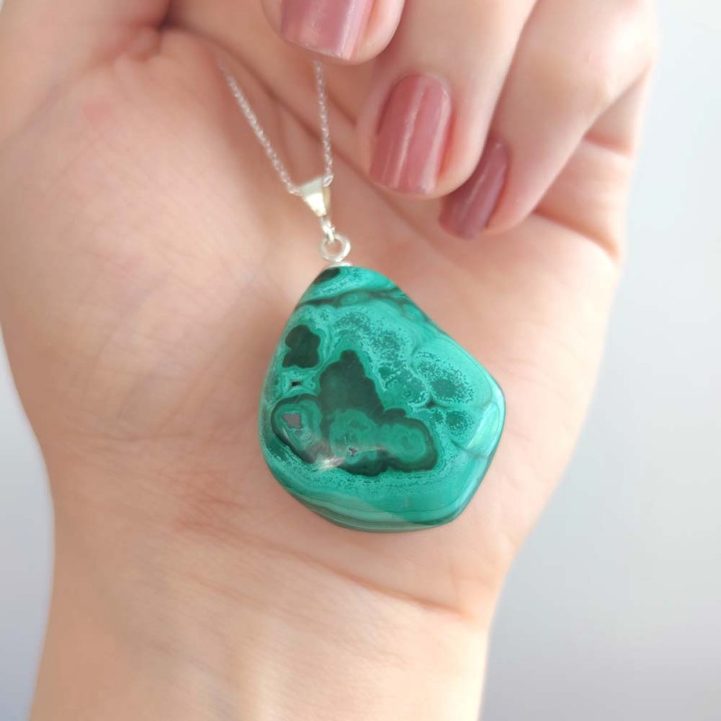 925 Silver Malachite Stone Pendant - Natural Shape