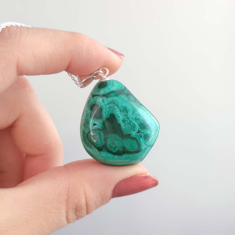 925 Silver Malachite Stone Pendant - Natural Shape