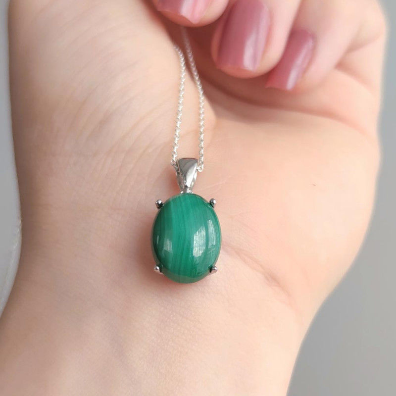 925 Silver Malachite Stone Pendant - Oval Shape