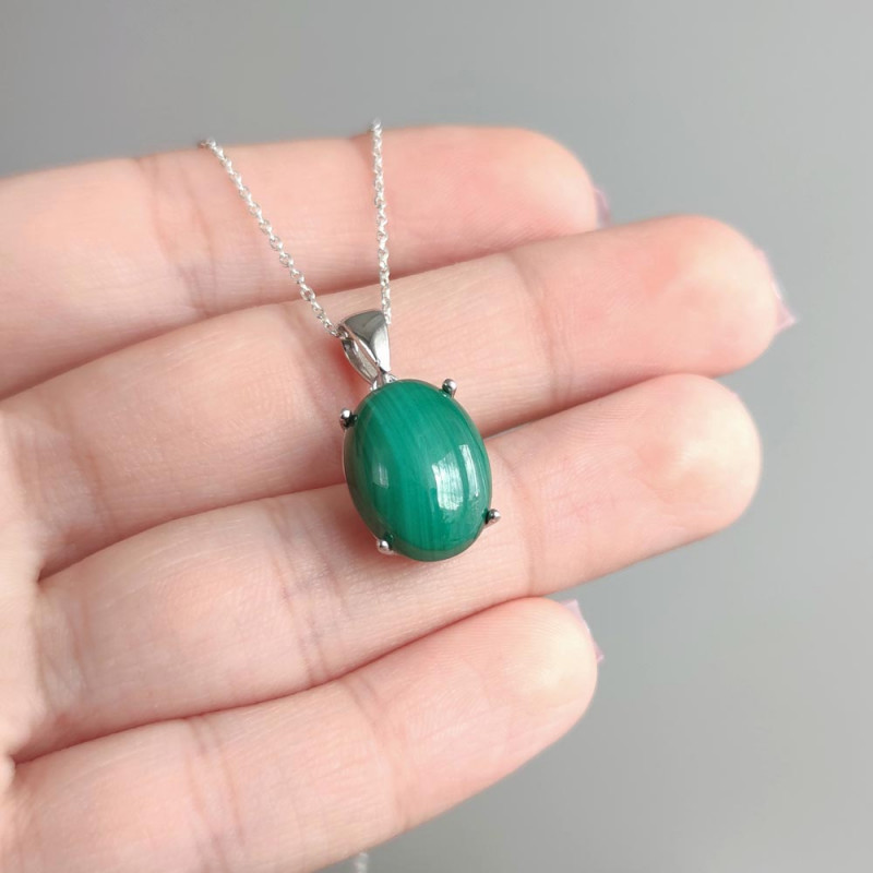 925 Silver Malachite Stone Pendant - Oval Shape