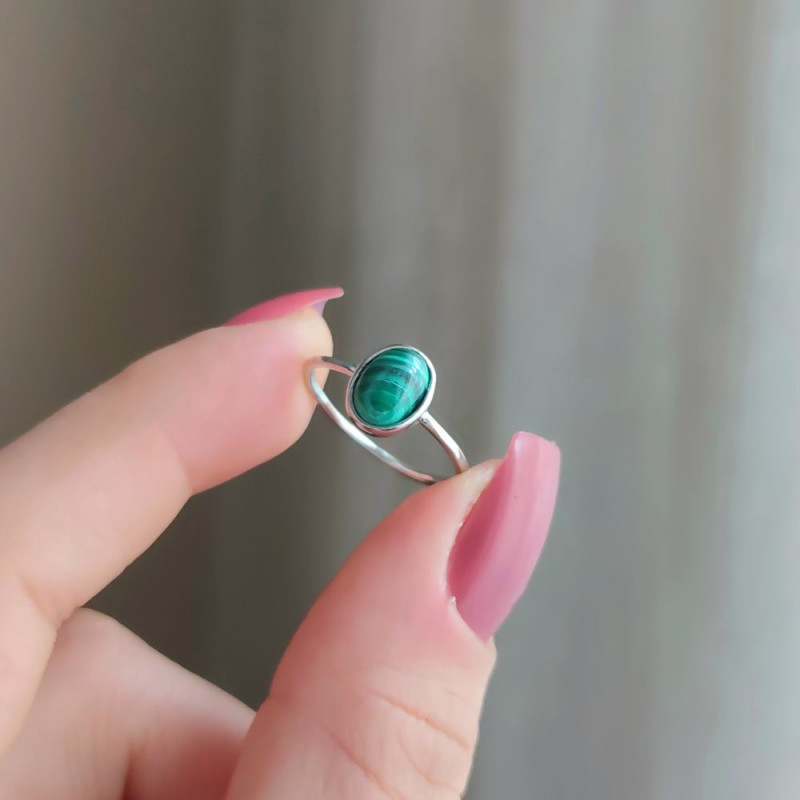 925 Silver Natural Malachite Stone Ring - No : 1300