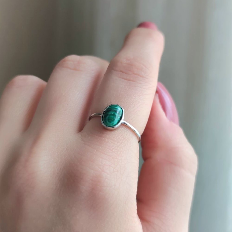 925 Silver Natural Malachite Stone Ring - No : 1300